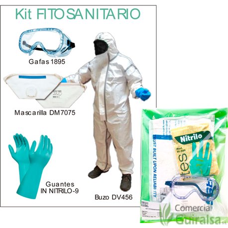 Contenido Kit Protección Fitosanitarios: 1 gafas, 1 mascarilla, 1 par de guantes y 1 buzo microporoso
